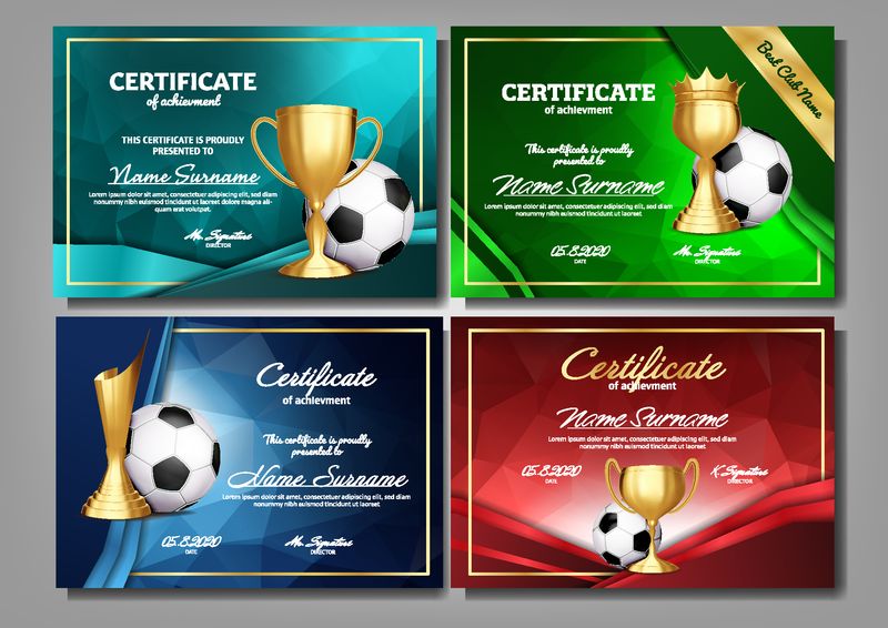 足球比赛证书文凭与金杯集向量-足球-体育奖模板-成就设计-A4毕业典礼-文件-冠军-最佳奖-冠军奖杯-模板说明