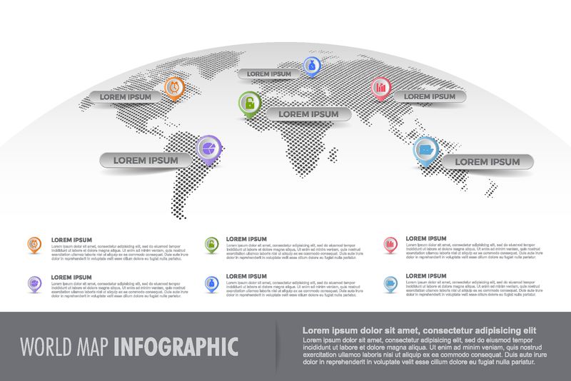 浅色半色调世界地图信息图形模板-带颜色指针的图标
