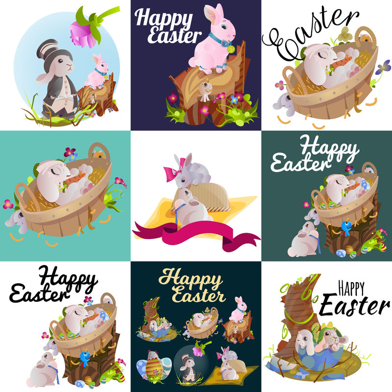 套复活节巧克力蛋猎兔篮上绿草点缀鲜花兔有趣的耳朵欢乐的春天节日传统贺卡横幅收藏矢量插图背景