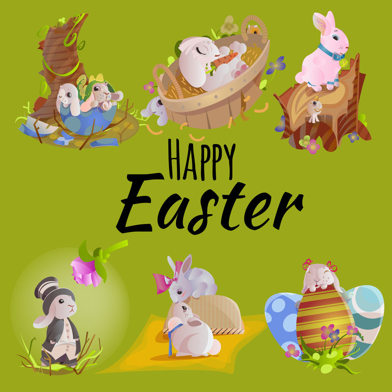 一套复活节巧克力鸡蛋狩猎兔篮子绿草点缀鲜花兔有趣的耳朵快乐的春天传统贺卡或横幅收藏矢量插图背景1