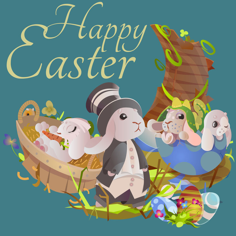 套复活节巧克力蛋猎兔篮上绿草点缀鲜花兔有趣的耳朵欢乐的春天节日传统贺卡横幅收藏矢量插图背景