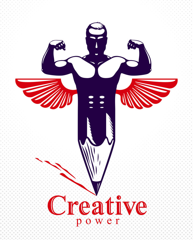 强人肌肉男用铅笔和翅膀组合成一个符号