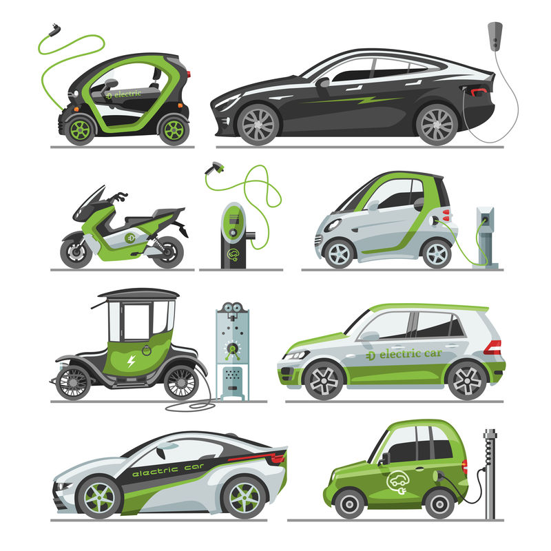 电动汽车用太阳能电池板生态电动运输矢量图汽车插座电动汽车电池充电器