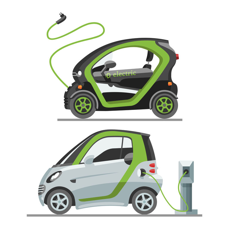 电动汽车用太阳能电池板生态运输矢量图汽车插座电动汽车电池充电器