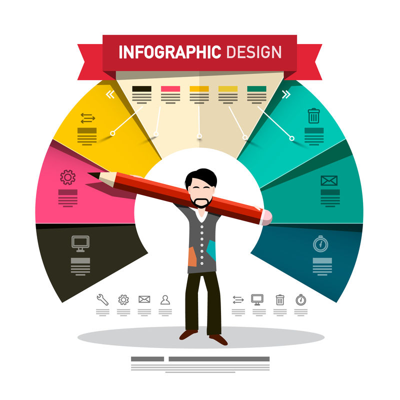 信息图形设计男人拿着大铅笔矢量信息图形模板与彩色纸张和图标公司年度报告概念
