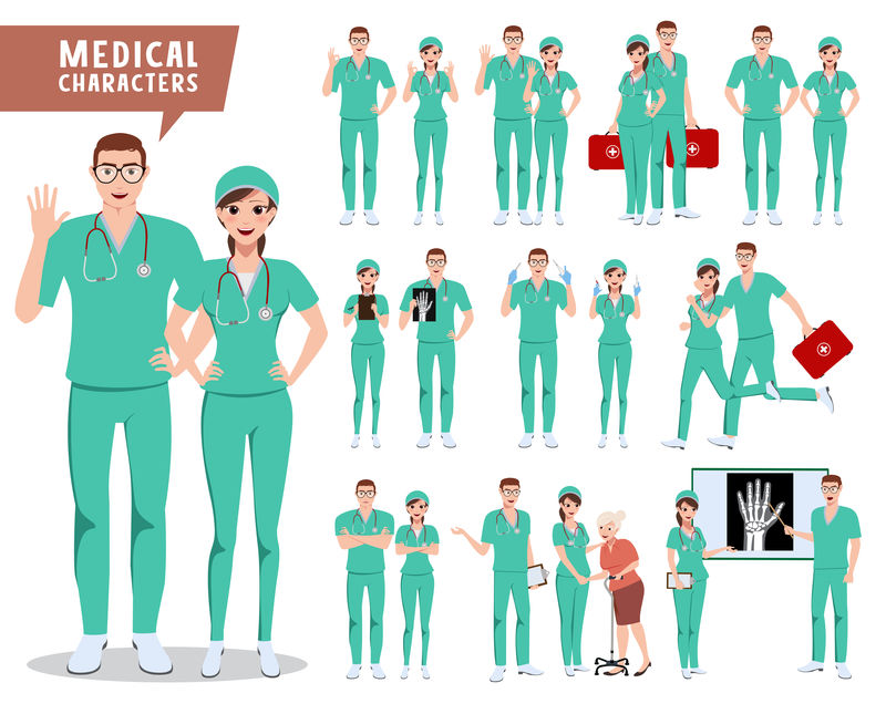 外科医生矢量字符集-医生护士和医院工作人员-摆着各种姿势-手持医疗工具进行演示-矢量图