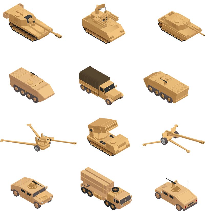军用车辆等距图标-以米色调设置-用于作战和训练-如军队图所示
