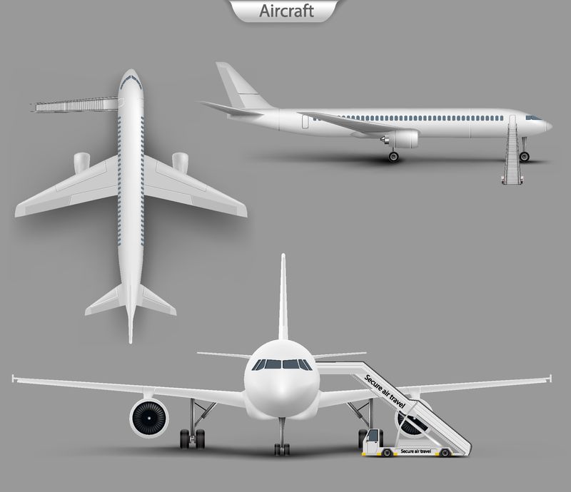 矢量逼真的白色飞机模型集-从俯视图侧视图和俯视图上看-是一架空白飞机一架带有喷气梯的客机-商业喷气式客机3D详细模板-灰色背景说明