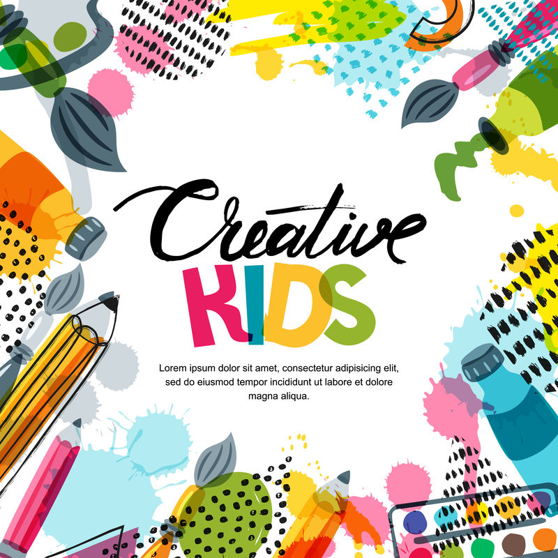 儿童艺术教育创意课理念矢量横幅海报背景与书法铅笔刷子油漆
