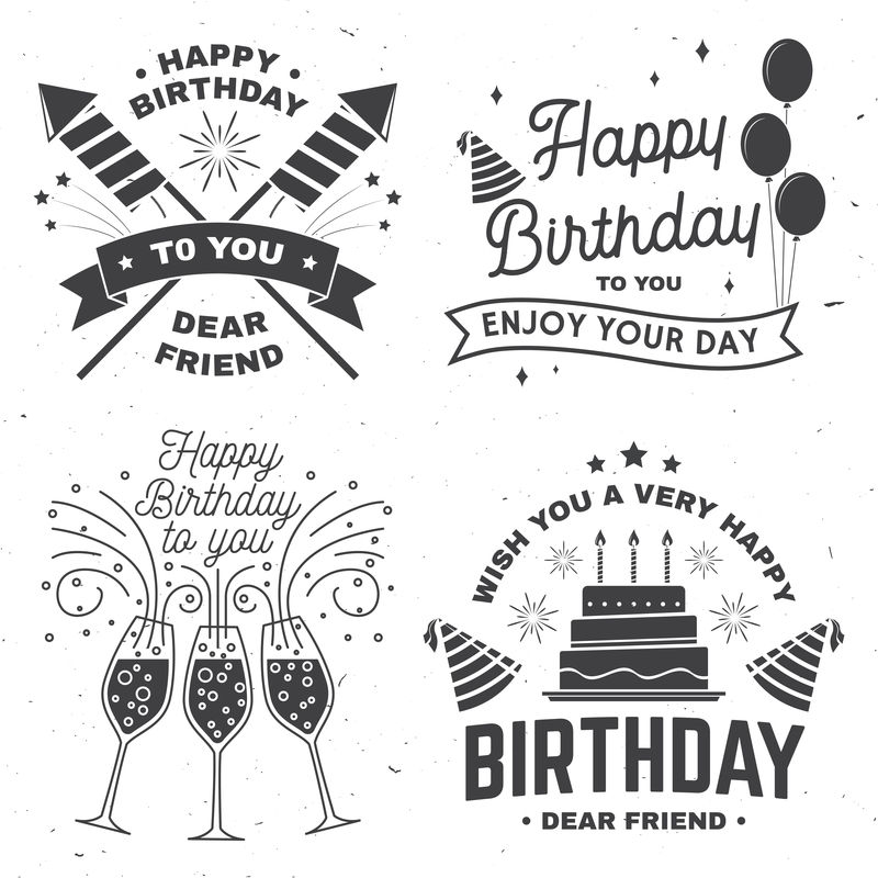套生日快乐模板覆盖徽章卡片与一束气球礼物香槟杯和生日蛋糕与蜡烛矢量生日庆典的复古设计