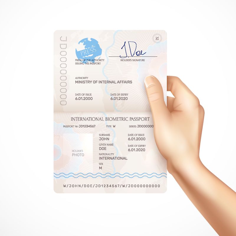 具有签发和到期日期的国际生物识别护照的手拿实物模型持有人签名和签发护照的当局名称实际矢量图