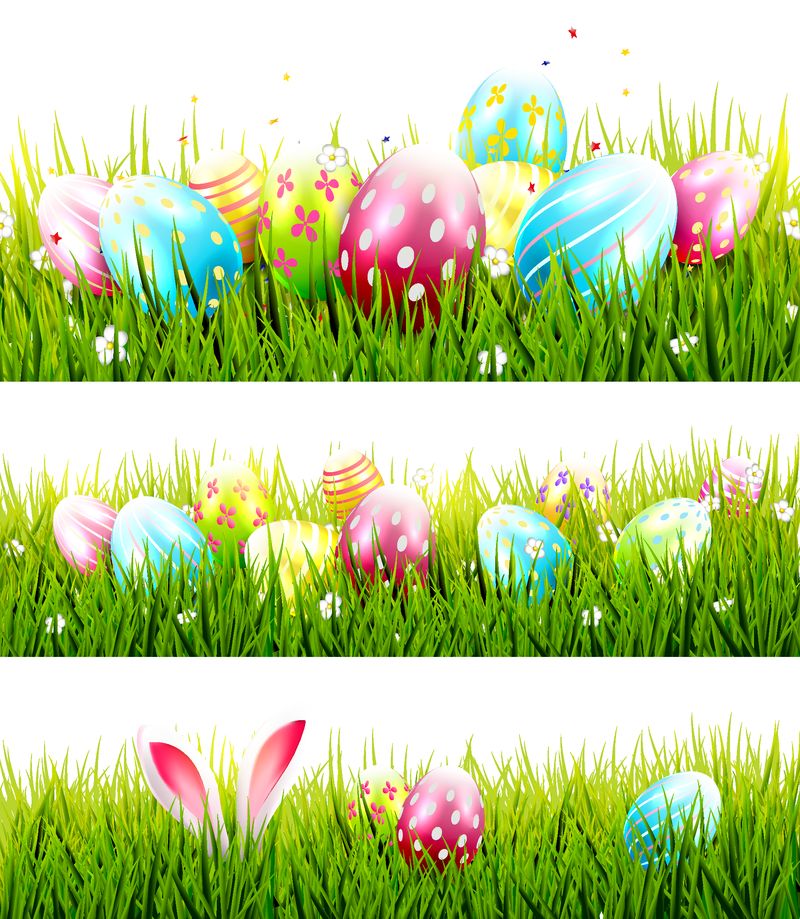 一套三个复活节边框-草上有可爱的鸡蛋