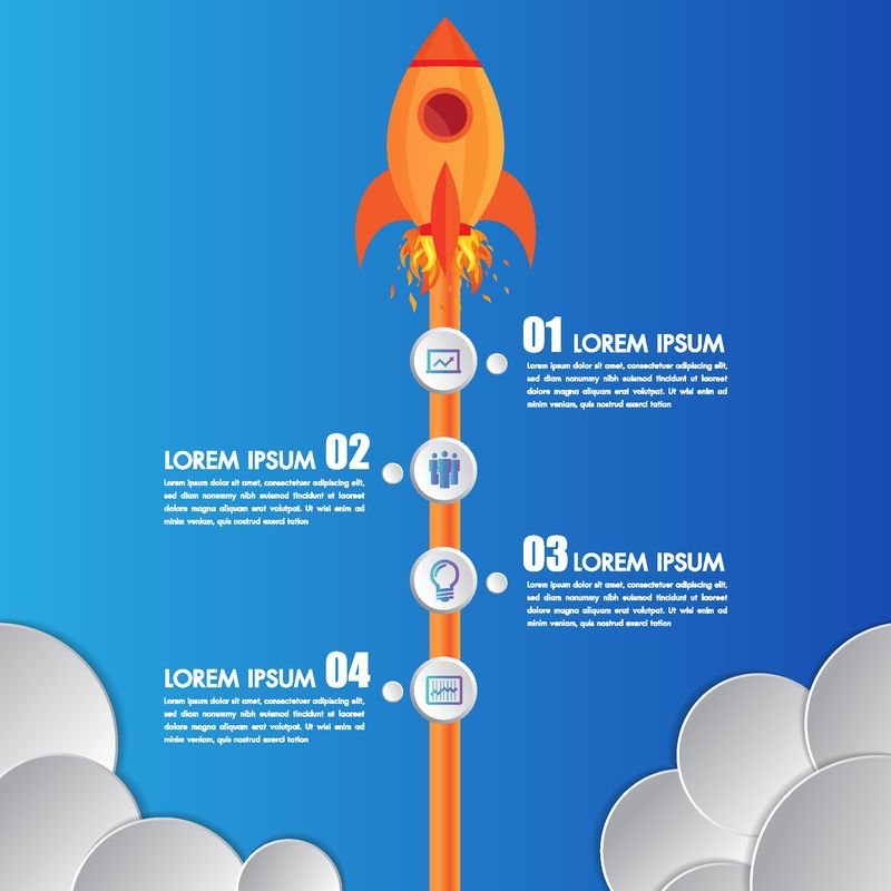 信息图形设计模板火箭或宇宙飞船通过云发射-图标向上飞行-4个选项元素排列成垂直行和年份指示-四个年度步骤的概念