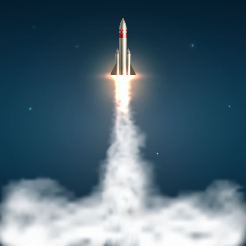 太空火箭发射-宇宙飞船带着火焰和喷射的烟雾轨迹起飞-空间旅行和启动孤立矢量图