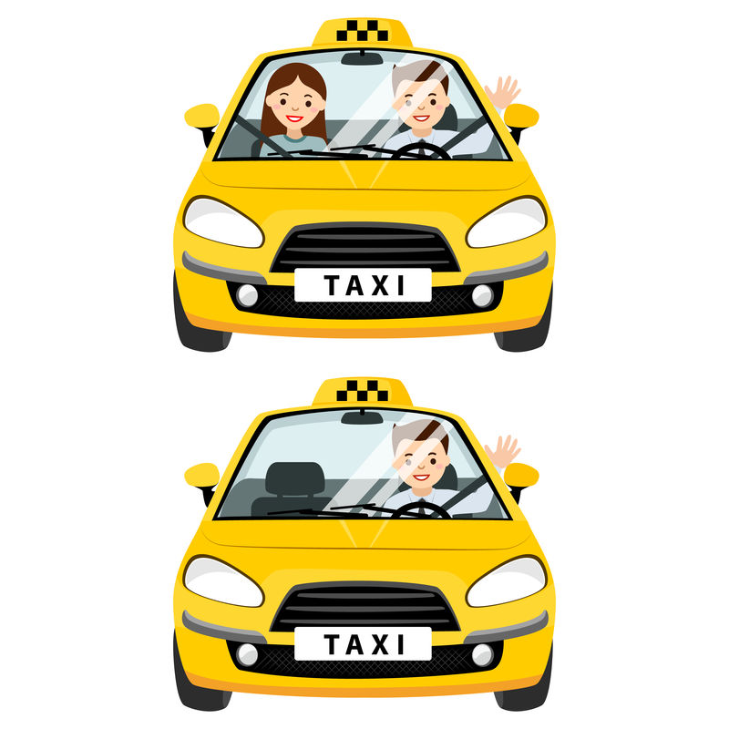 黄色出租车和带乘客的出租车司机他们在驾驶室系上安全带白底矢量平面图