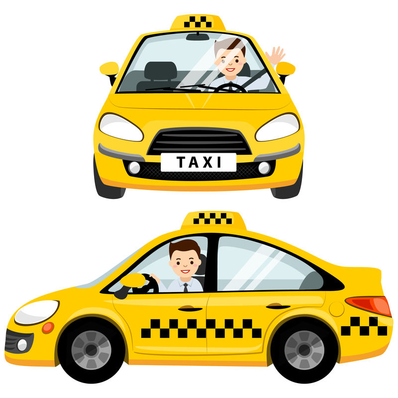 黄色出租车和出租车司机他在船舱里系好了安全带白底矢量平面图