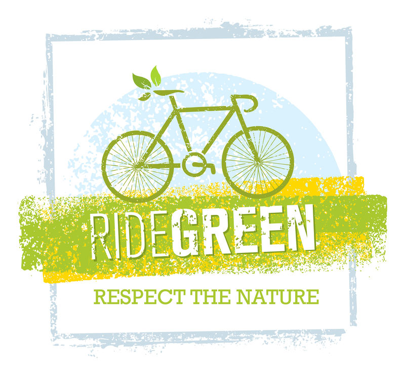 骑绿色创意生态矢量自行车在再生纸背景上的说明