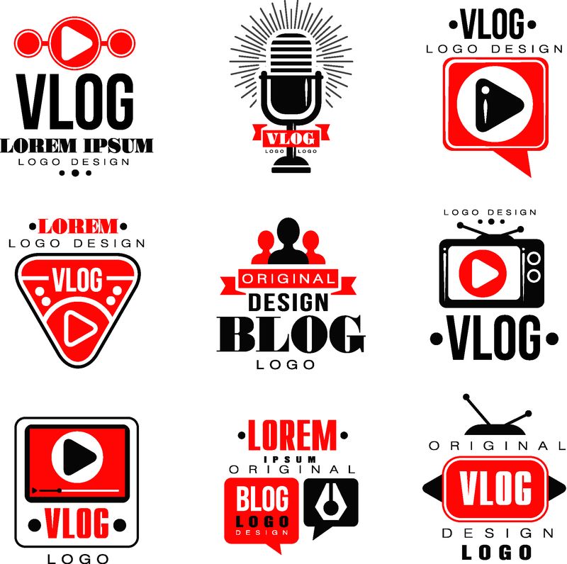 vlog和blog原始徽标设计集视频博客或视频通道徽章矢量插图