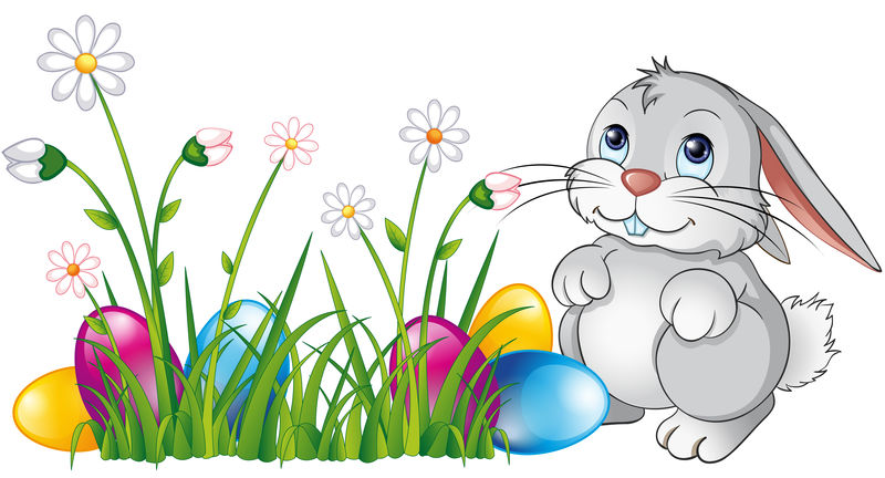 卡通复活节场景-带复活节彩蛋的白色复活节兔子