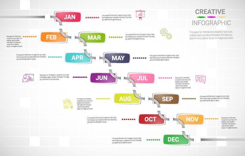 时间线1年12个月时间线信息图形设计矢量12个步骤和演示业务可用于12个选项步骤或流程的业务概念