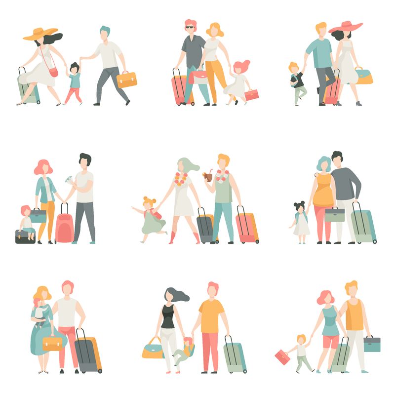 家庭旅行套装-父亲-母亲和孩子一起旅行-快乐家庭矢量图