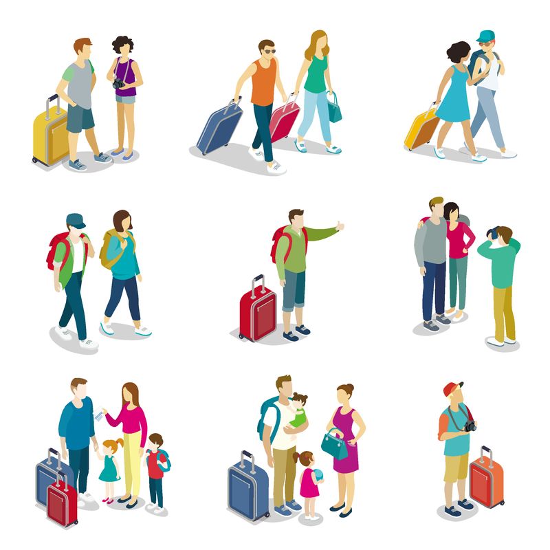 游人等距三维图标-带孩子和行李的家庭-带旅行包和照相机的游客-带背包的年轻夫妇-积极的娱乐-远足和冒险的插图