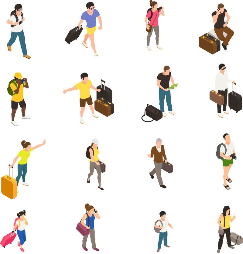 旅行期间携带行李和小器具的人在白底独立矢量图上设置等距图标