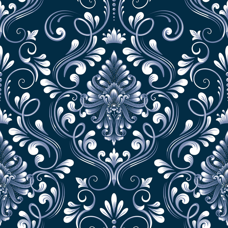矢量蓝缎无缝图案元素古典奢华的老式锦缎装饰皇家维多利亚无缝纹理壁纸纺织品包装精致的巴洛克花模板