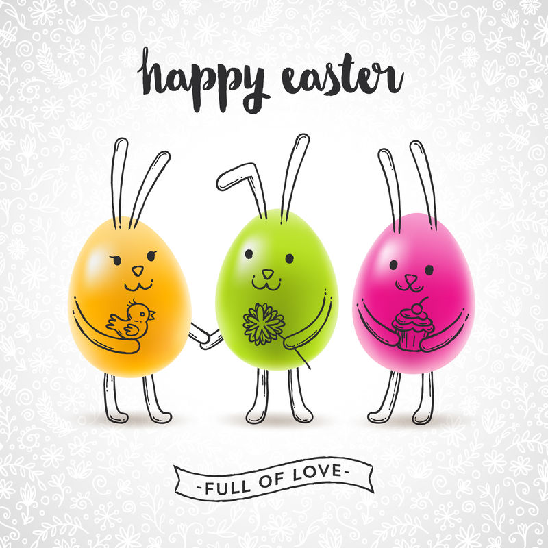 矢量图-带鸡蛋和手绘兔子的复活节贺卡