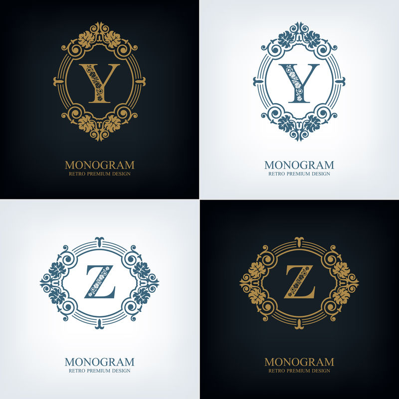 华丽的字母标志Y Z模板会标设计元素书法优美模板优雅的线条艺术标志皇室商业标志