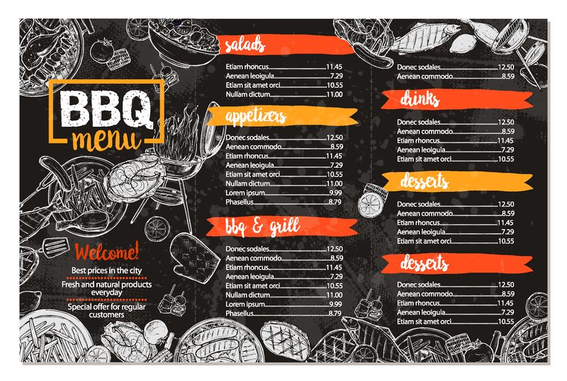 烧烤餐厅菜单-黑板素描式烧烤小册子模板设计