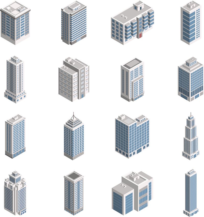 矢量等距城市基础设施结构图生成器-图标集-公寓楼-表示低多边形建筑的三维元素