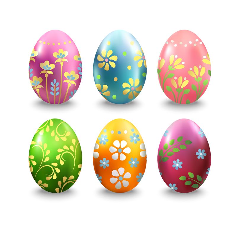 一套彩色复活节彩蛋-白色背景-用花卉图案装饰的雀花蛋-矢量图