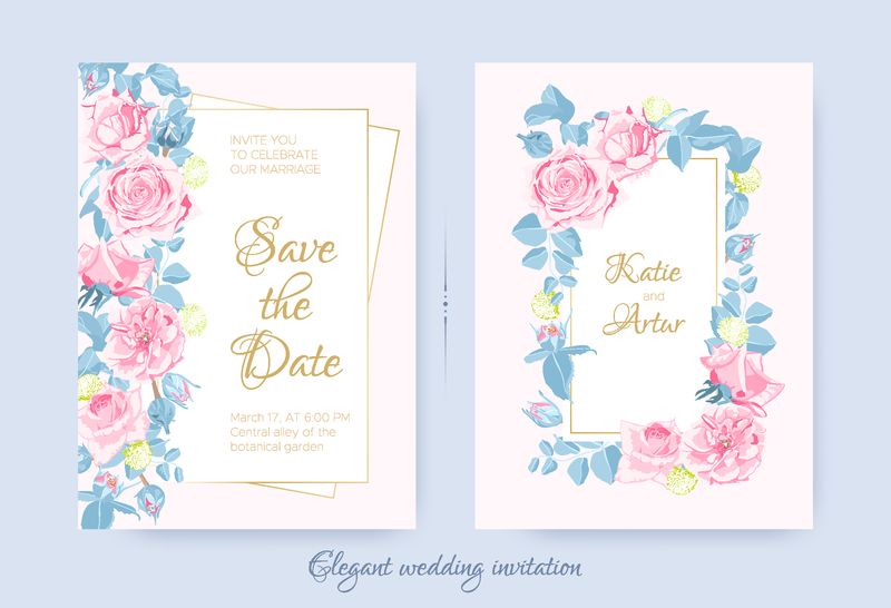 复古花卉花束-婚礼邀请设计-玫瑰叶水彩绘制风格-矢量装饰花为贺卡-植物元素的花缘或框架-结婚庆祝