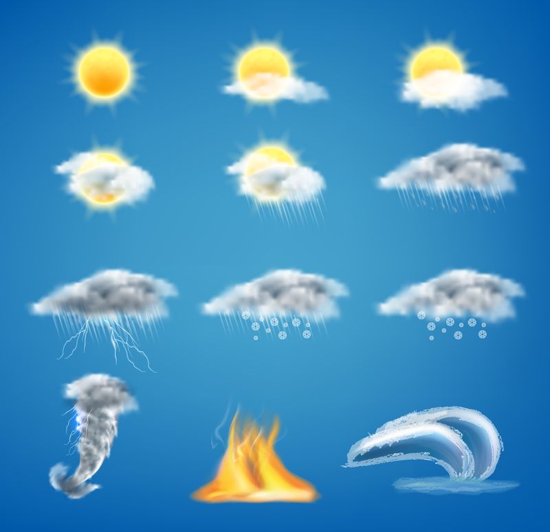 Vector 3D真实的天气预报图标集-用于Web界面或移动应用程序-隔离在蓝色背景上-气象符号剪贴画-晴天-带雨的灰色云-龙卷风-海啸