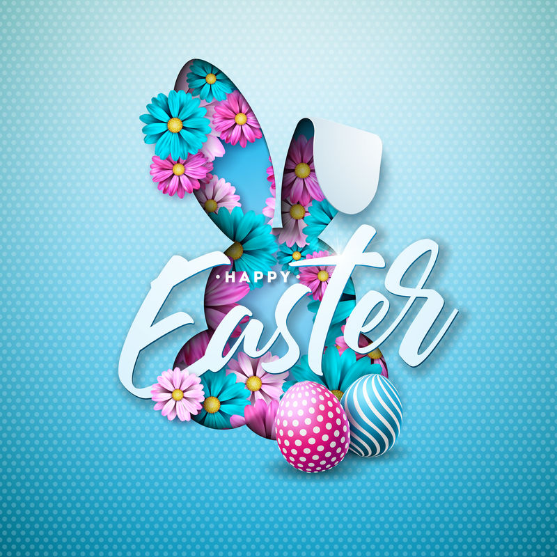 复活节快乐彩蛋设计浅蓝色背景下的兔子脸轮廓春天的花朵国际庆典设计的矢量图包括贺卡聚会邀请或促销横幅的印刷字体