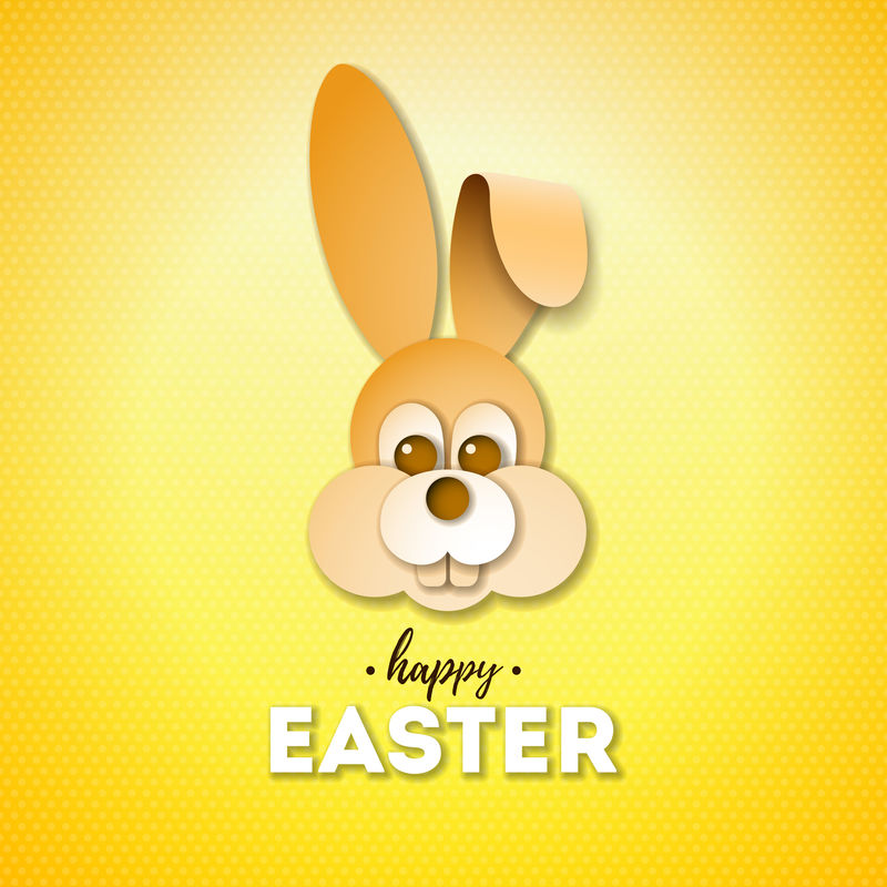 复活节快乐的节日设计漂亮的兔子脸和黄色背景的印刷字体贺卡聚会邀请或促销横幅国际庆祝活动的矢量图