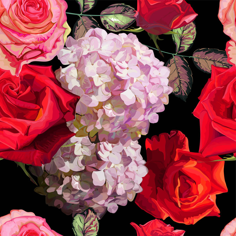 粉红玫瑰和绣球花的美丽背景