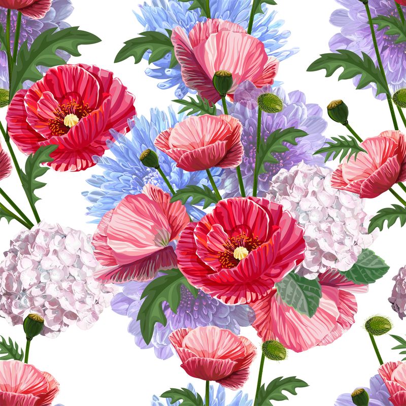 花与红罂粟-菊花和绣球花无缝图案-载体