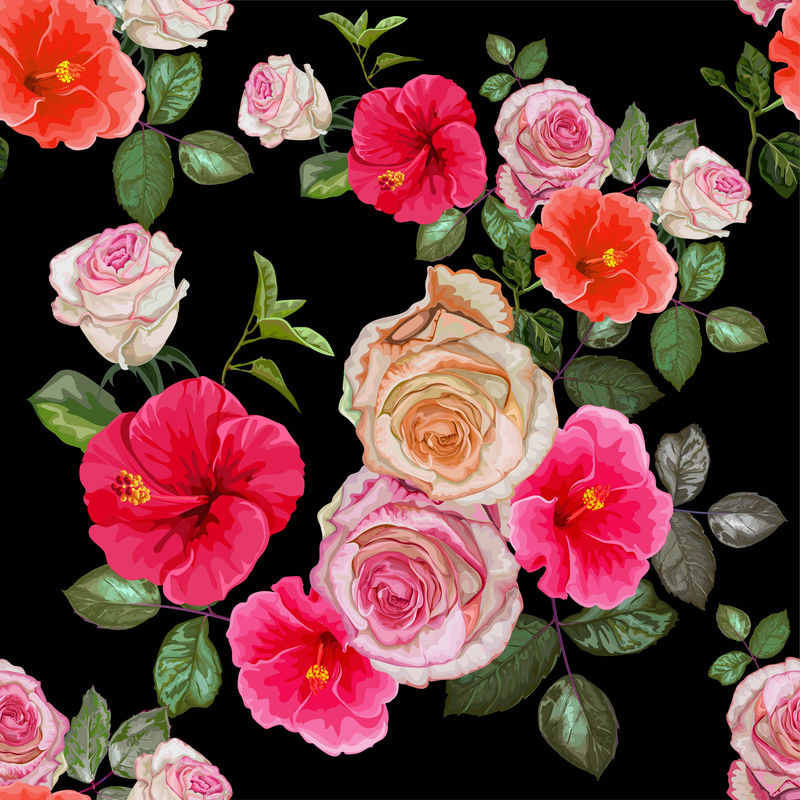 带芙蓉和玫瑰矢量说明的花卉无缝图案