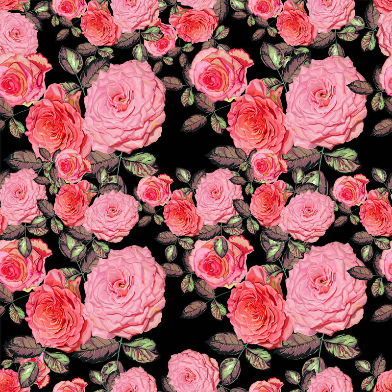 带粉色玫瑰矢量插图的花卉无缝图案