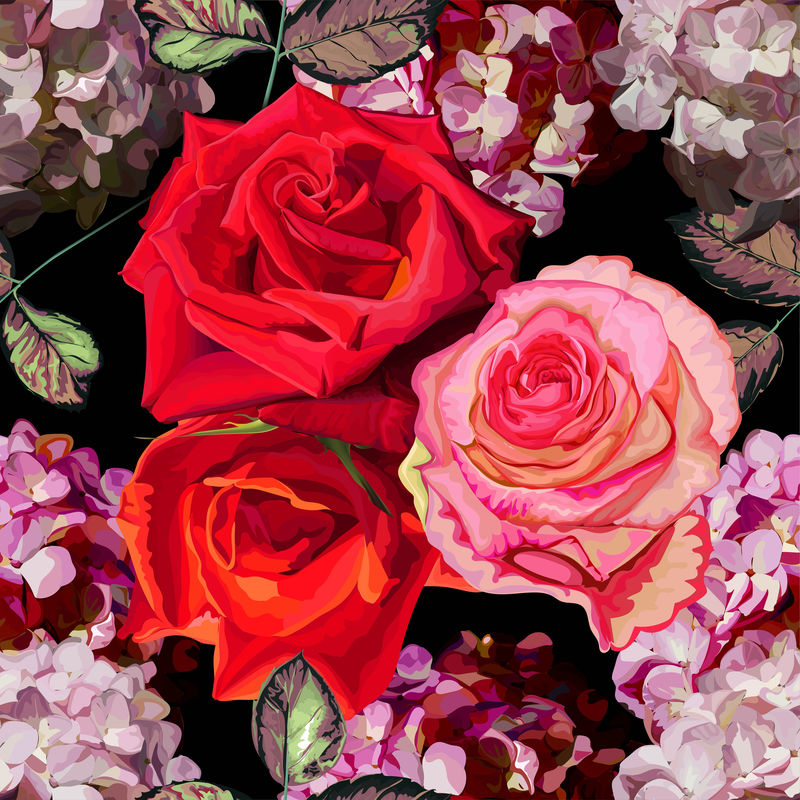 带玫瑰绣球花矢量插图的花卉无缝图案
