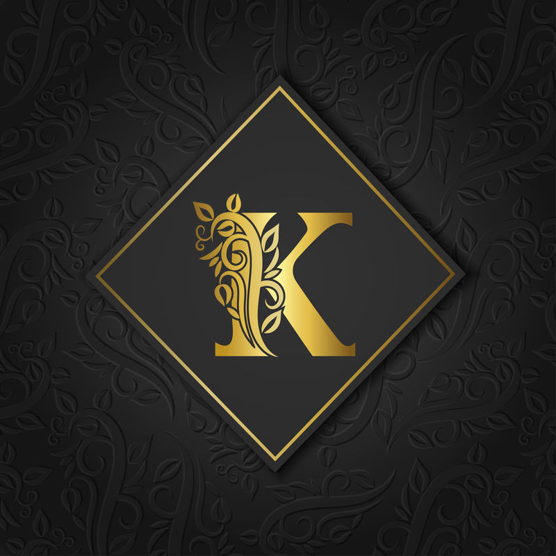 金色字母K优雅的花型轮廓与彩色独立背景隔离高级字母K或背景非常适合于标志花押字邀请传单菜单小册子卡片封面时尚