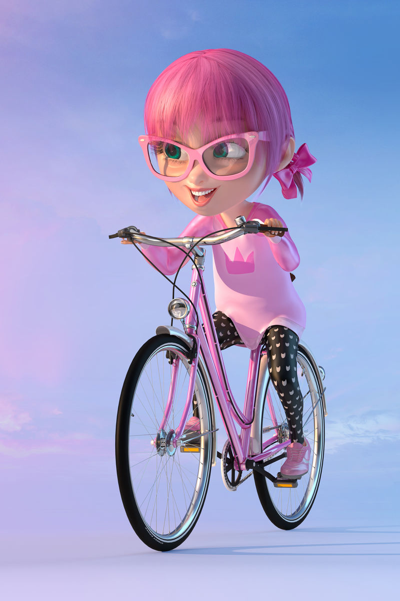骑自行车的可爱开朗微笑的卡通女孩有趣的卡通小角色一个戴着眼镜和粉红色动漫头发的川仪小女孩三维渲染