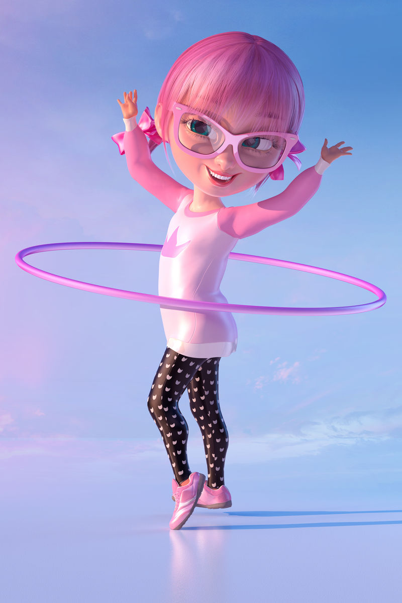 可爱开朗微笑的卡通女孩旋转呼啦圈有趣的卡通小角色一个戴着眼镜和粉红色动画头发的川仪小女孩在玩胡拉箍三维渲染