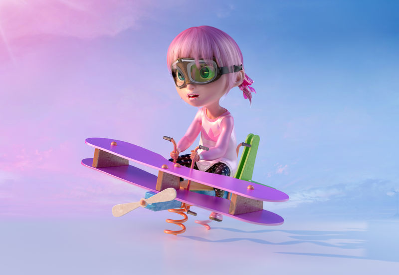 可爱的卡通女孩在儿童游乐场的秋千上摇摆有趣的卡通人物一个戴着飞行员眼镜和粉红色动画头发的小可爱三维插图