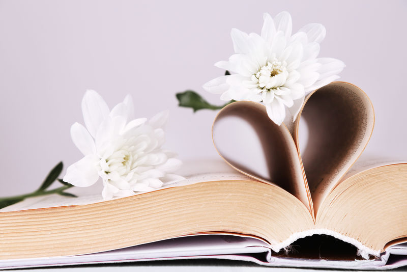 从浅色背景上的书页和花朵中打开心形的书
