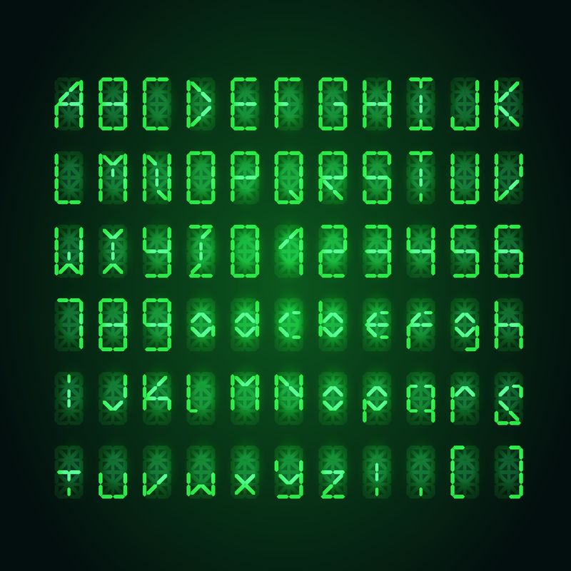 深色背景上的亮绿色数字复古时钟字体集
