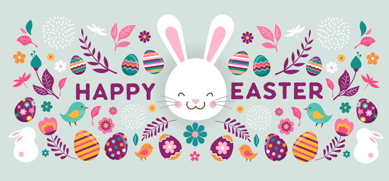复活节快乐印有鲜花鸡蛋和兔子的矢量旗