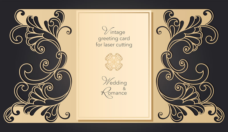 激光切割的婚礼请柬模板-带有复古风格的花边图案-带有华丽抽象装饰的贺卡信封-OpenWork矢量轮廓